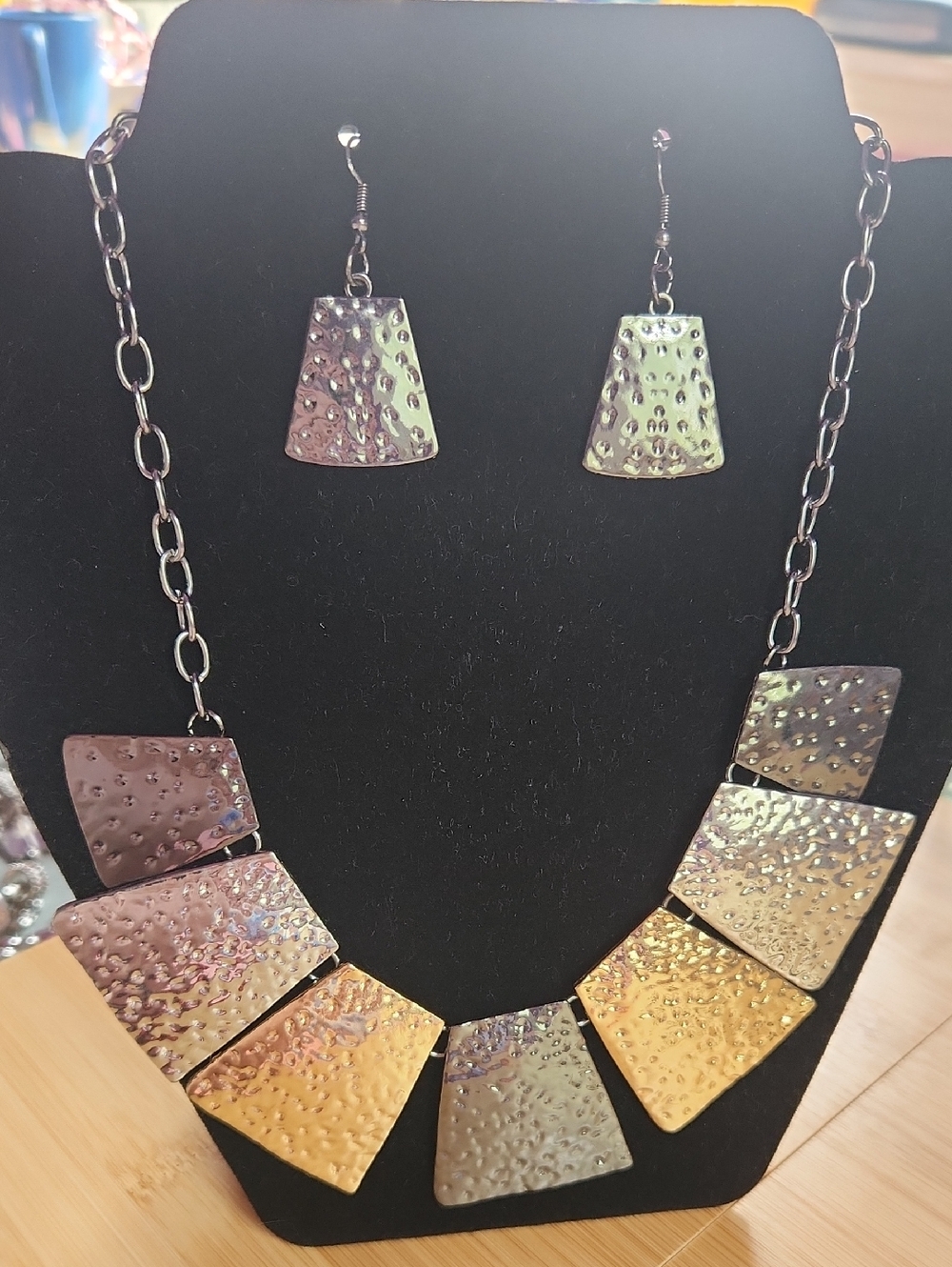 Mixed Metal Hammered Geometric Statement Necklace & Earring Set *C8